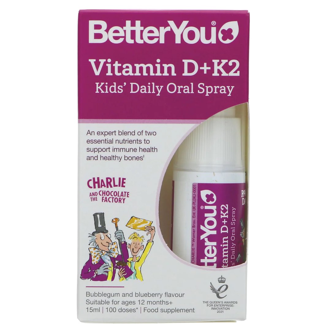 Vitamina D+K2 Spray orale quotidiano per bambini, Bubblegum e Mirtillo - 15 ml.