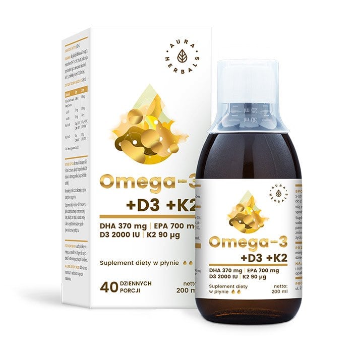 Aura Herbals - Omega-3 con 370 DHA / 700 EPA, più Vitamina D3 2000 UI e Vitamina K2, 200 ml