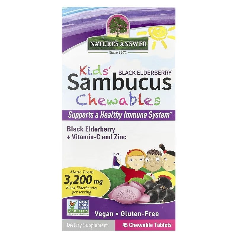 Compresse masticabili di Sambuco per Bambini, Bacche di Sambuco Nere - 45 compresse masticabili